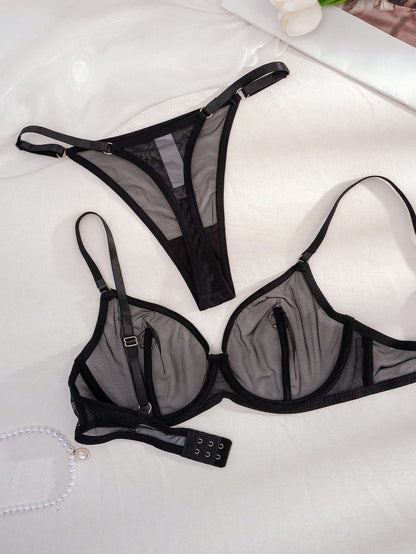Conjunto de Lingerie Tule Transparente com Argola Preto – Doce Malícia