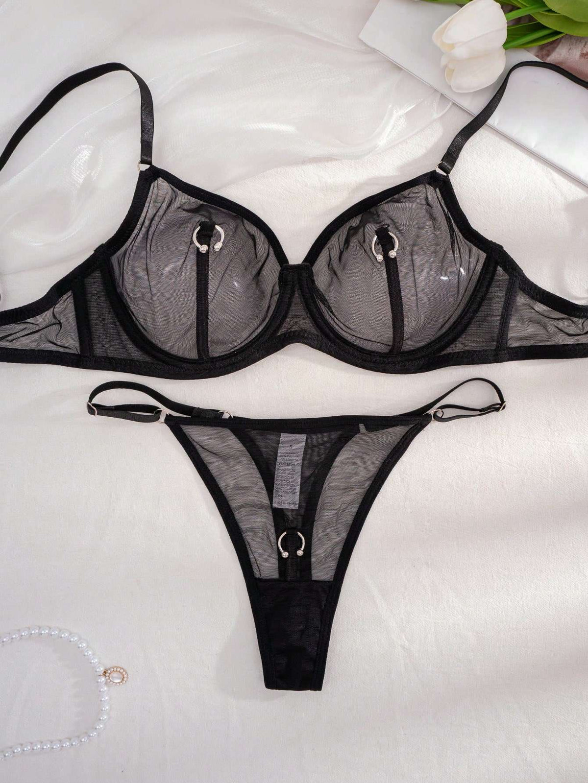 Conjunto de Lingerie Tule Transparente com Argola Preto – Doce Malícia