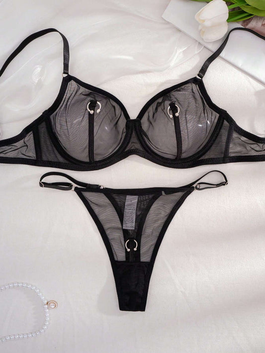 Conjunto de Lingerie Tule Transparente com Argola Preto – Doce Malícia
