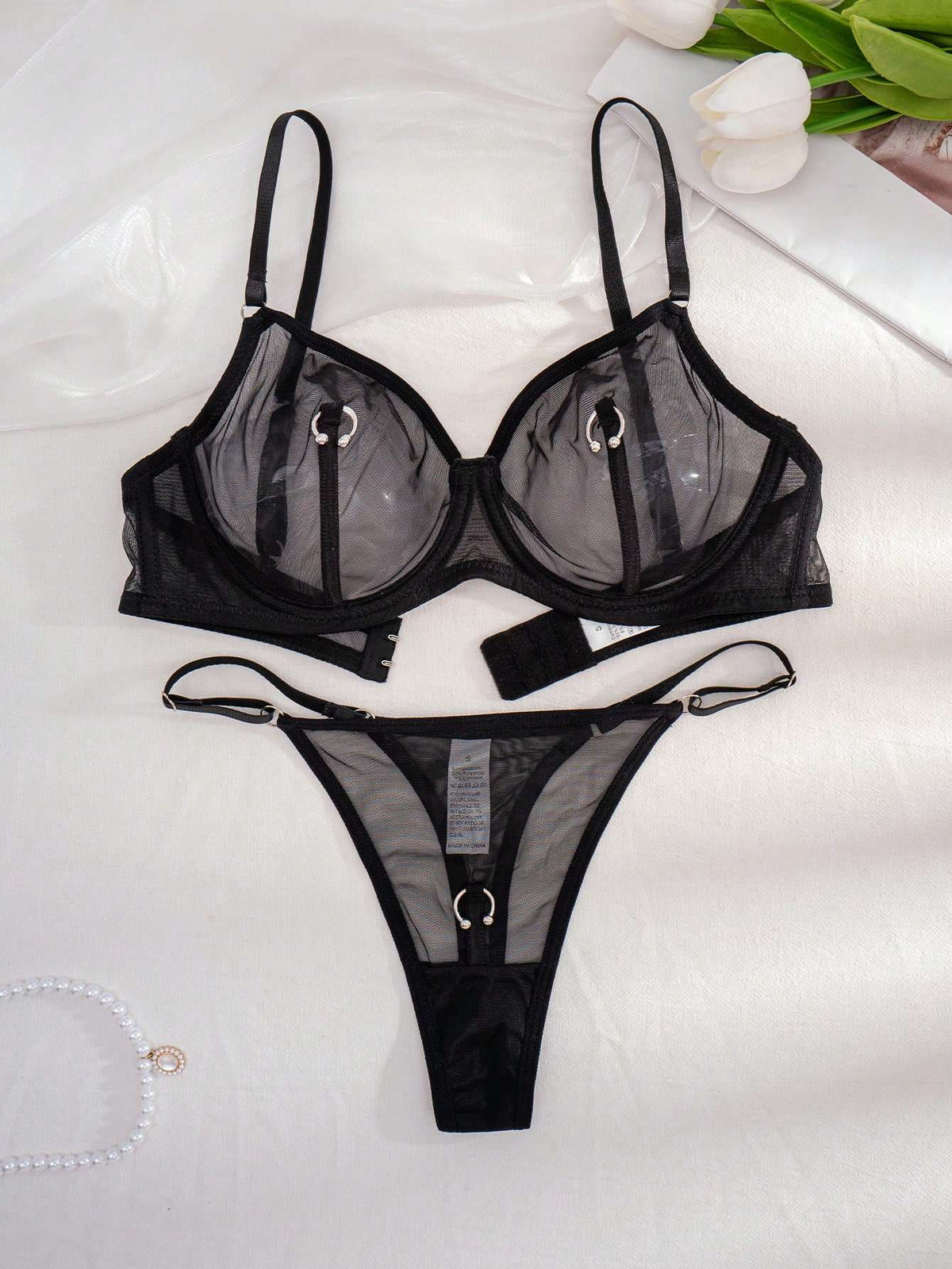 Conjunto de Lingerie Tule Transparente com Argola Preto – Doce Malícia