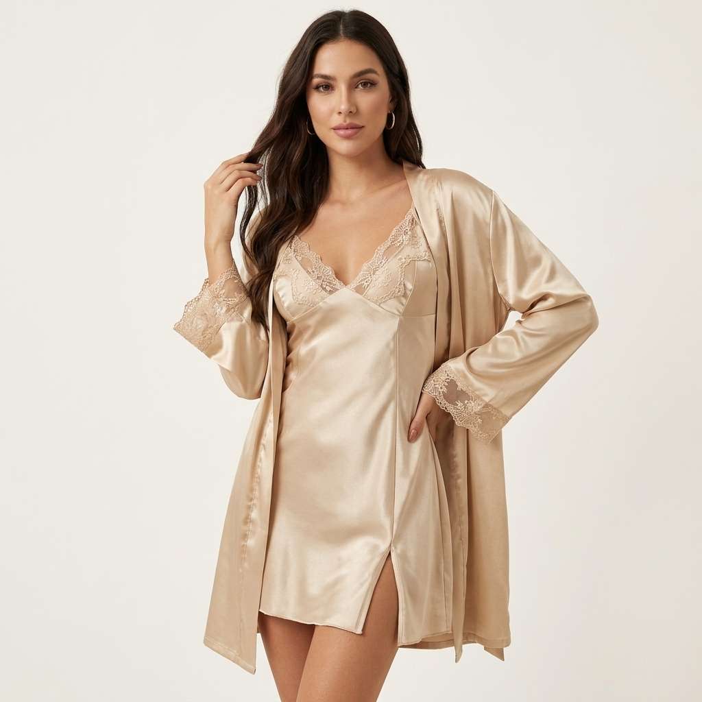 Conjunto Camisola e Robe de Cetim com Renda – Doce Malícia - Champanhe