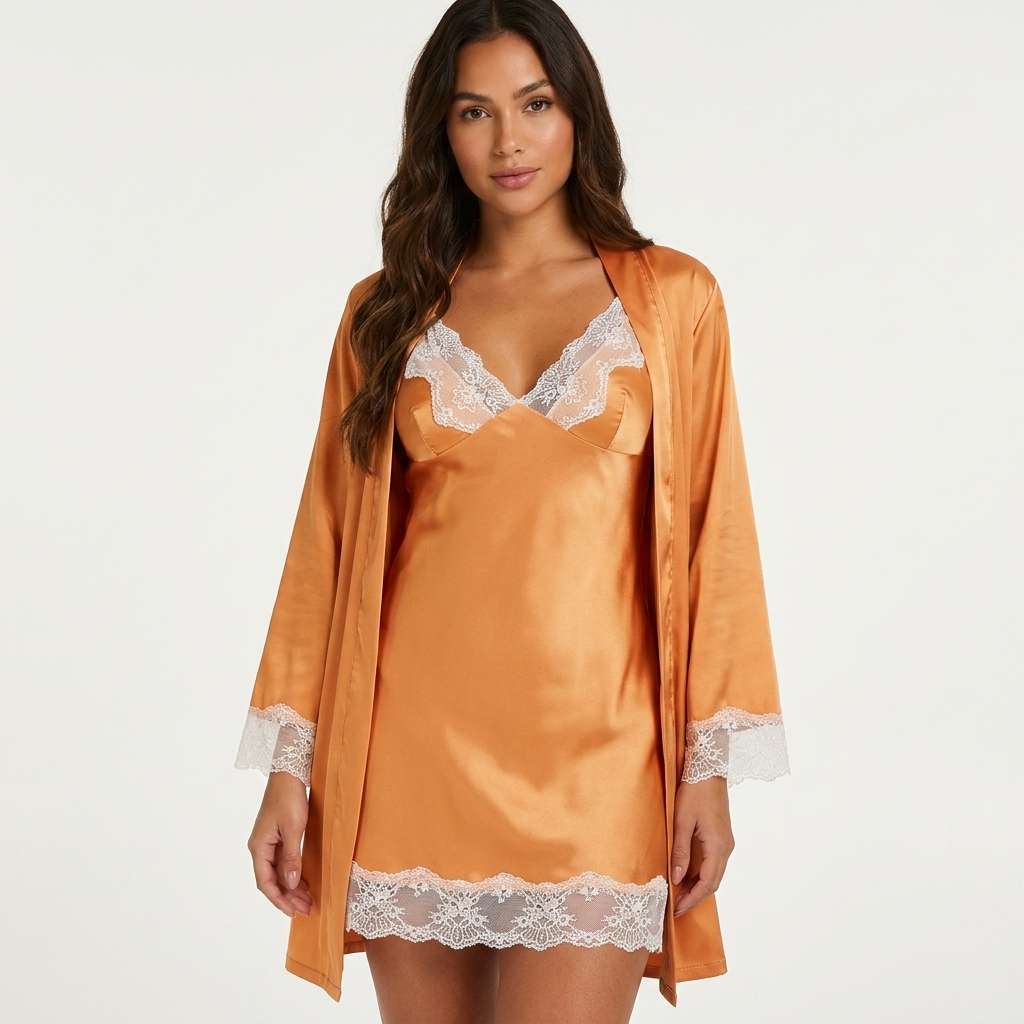 Conjunto Camisola e Robe de Cetim com Renda – Doce Malícia - Damasco