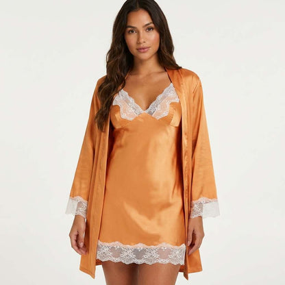 Conjunto Camisola e Robe de Cetim com Renda – Doce Malícia - Damasco