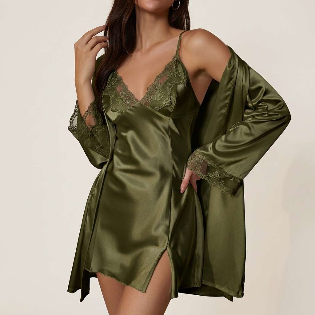 Conjunto Camisola e Robe de Cetim com Renda – Doce Malícia - Verde Militar