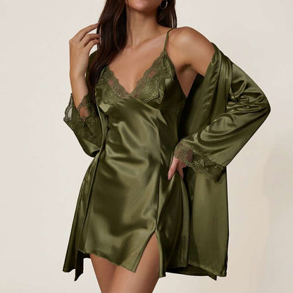 Conjunto Camisola e Robe de Cetim com Renda – Doce Malícia - Verde Militar