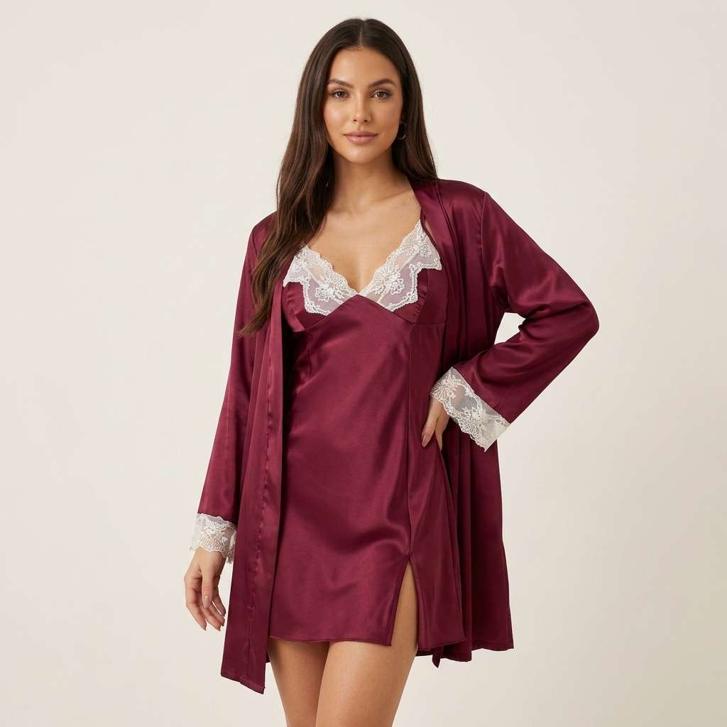 Conjunto Camisola e Robe de Cetim com Renda – Doce Malícia - Vinho