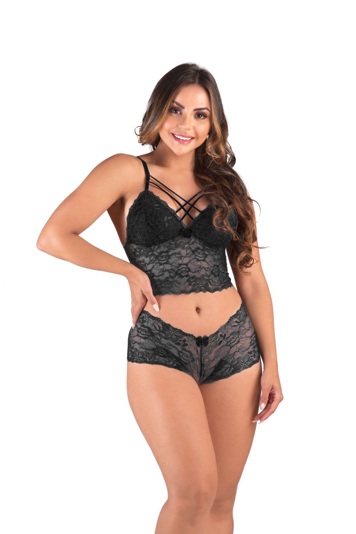 Conjunto de renda strappy sem bojo em cores sortidas – Doce Malícia