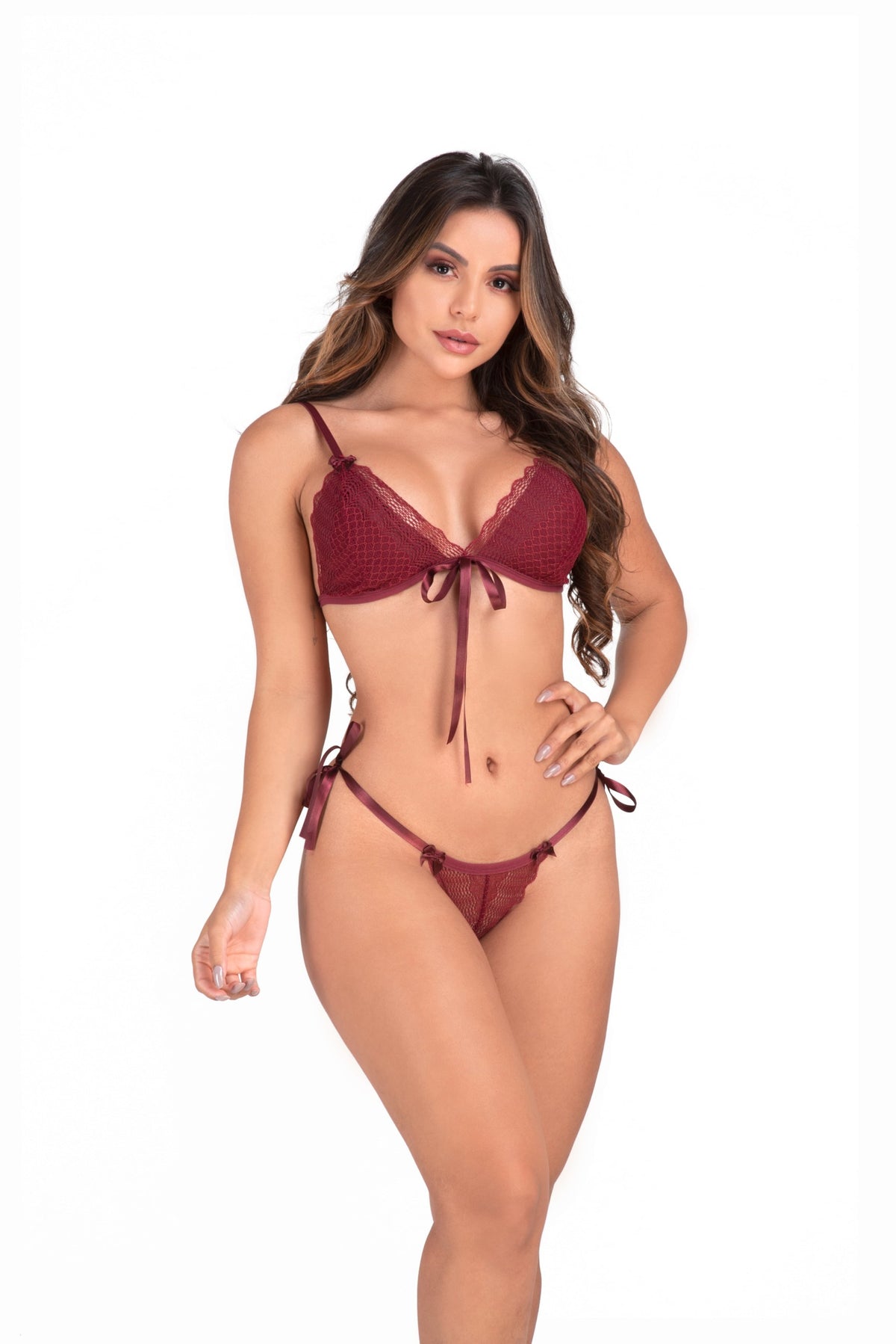 Conjunto em renda com fitas em Branco – Doce Malícia
