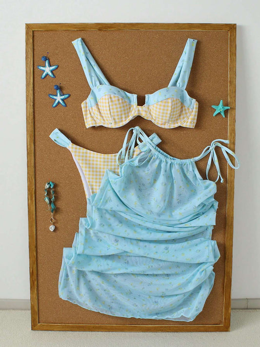 Conjunto Praia Biquíni Xadrez + Vestido Floral – Doce Malícia