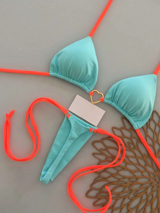 Biquíni Bicolor Turquesa e Coral com Argola Coração – Doce Malícia