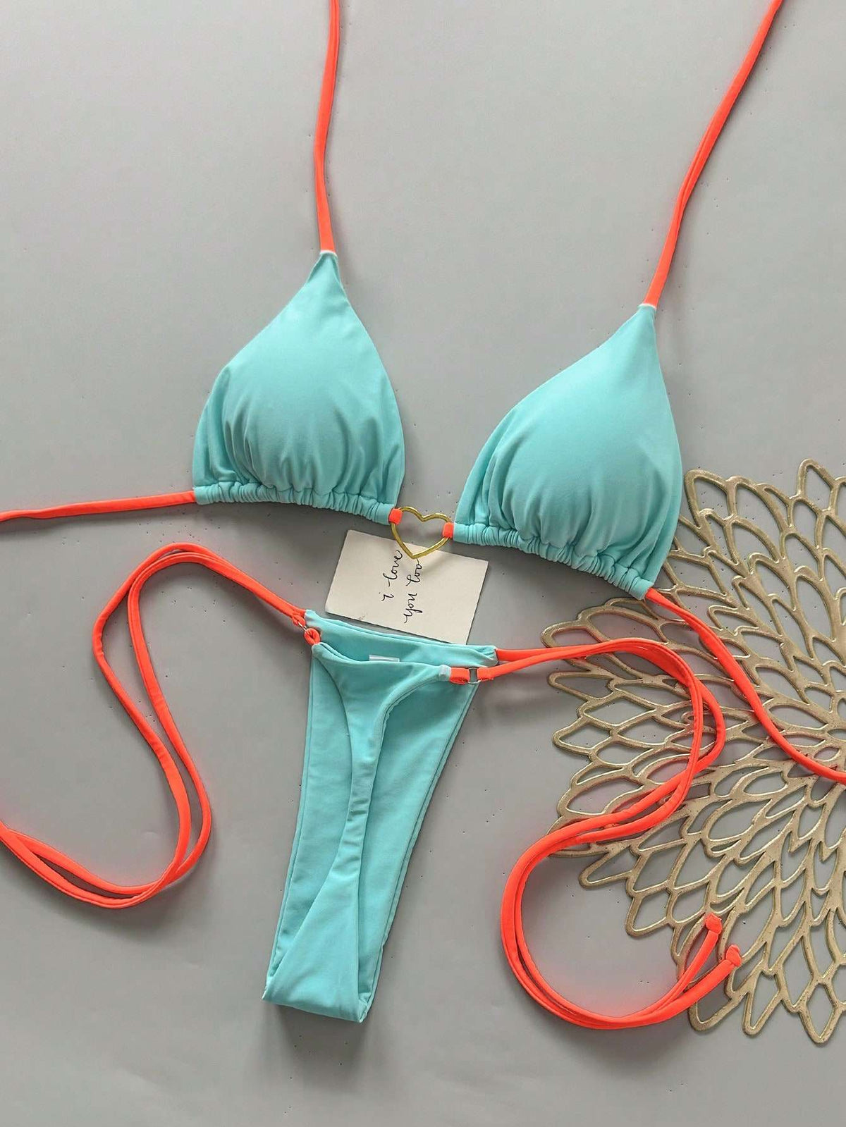Biquíni Bicolor Turquesa e Coral com Argola Coração – Doce Malícia