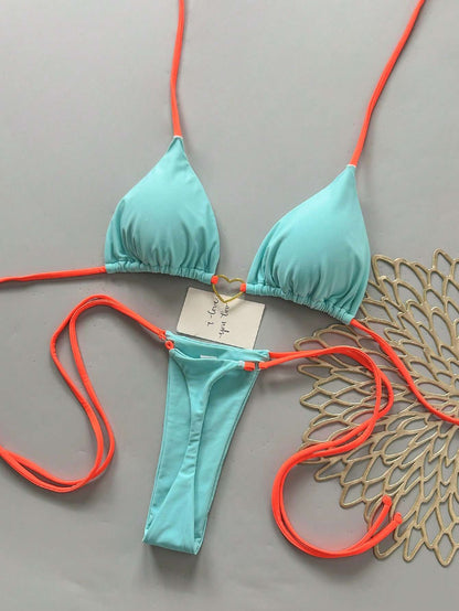 Biquíni Bicolor Turquesa e Coral com Argola Coração – Doce Malícia