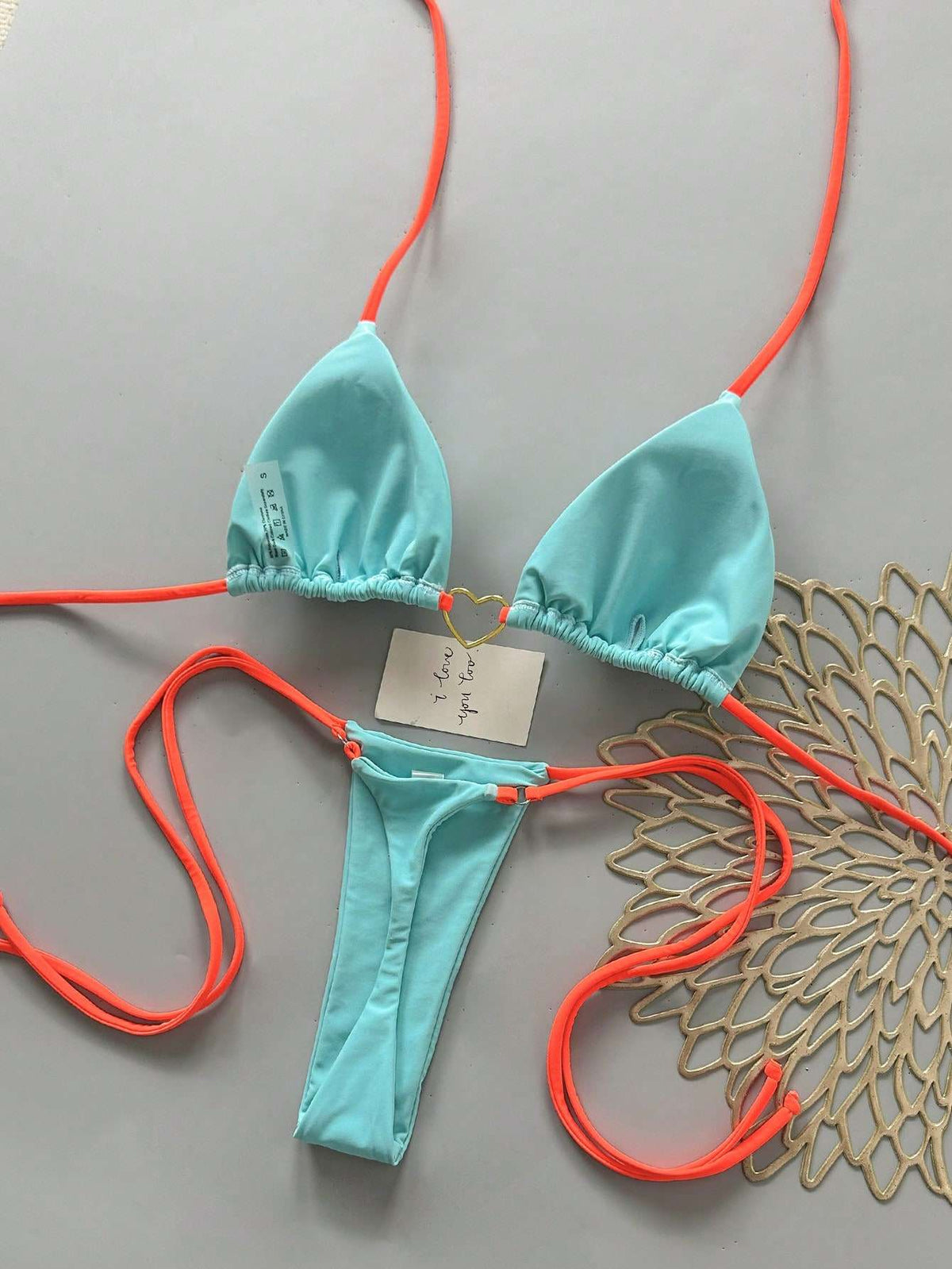 Biquíni Bicolor Turquesa e Coral com Argola Coração – Doce Malícia