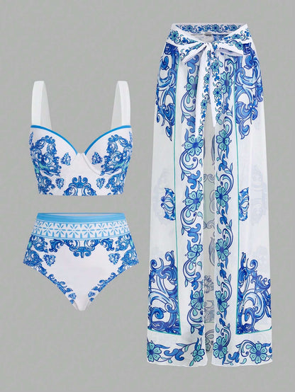 Conjunto Praia Biquíni e Saída Azulejo Português 3 Peças – Doce Malícia