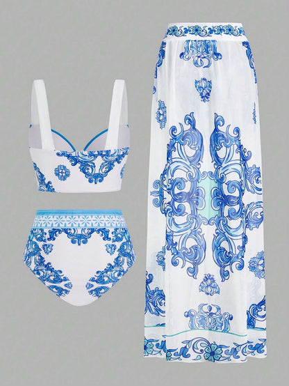 Conjunto Praia Biquíni e Saída Azulejo Português 3 Peças – Doce Malícia