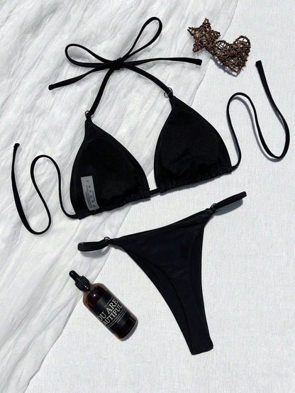 Biquíni Triangular Preto com Argola Coração – Doce Malícia