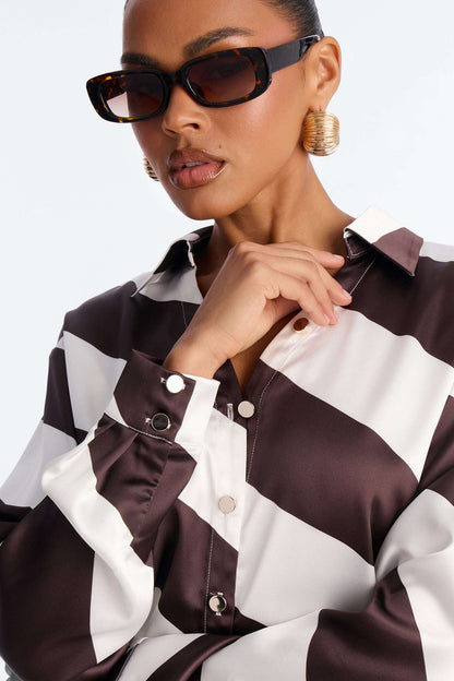 Conjunto Feminino Cetim Listrado Marrom – Doce Malícia