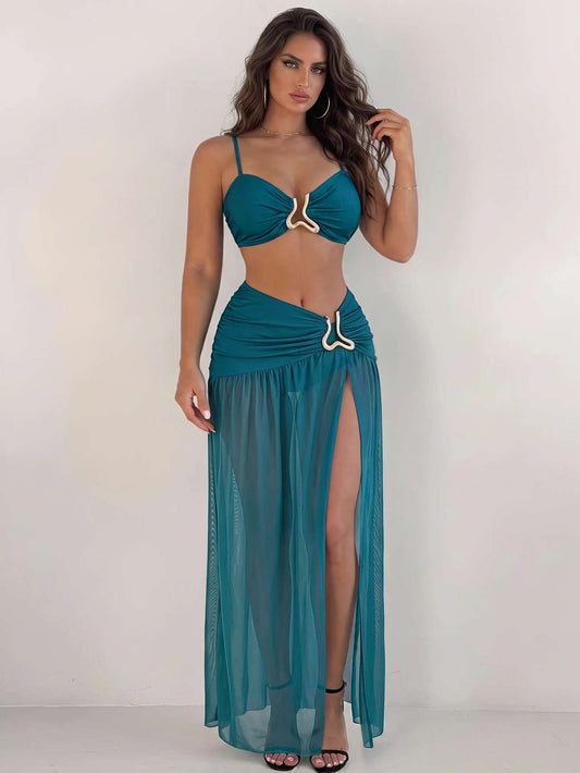 Conjunto Praia Biquíni + Saia Longa Fenda Verde Petróleo – Doce Malícia