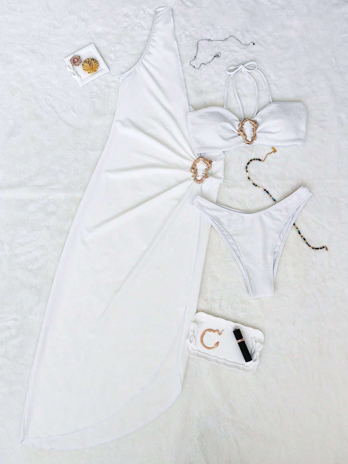 Conjunto 3 Peças Biquíni + Saída Branco com Argola – Doce Malícia