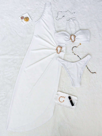 Conjunto 3 Peças Biquíni + Saída Branco com Argola – Doce Malícia