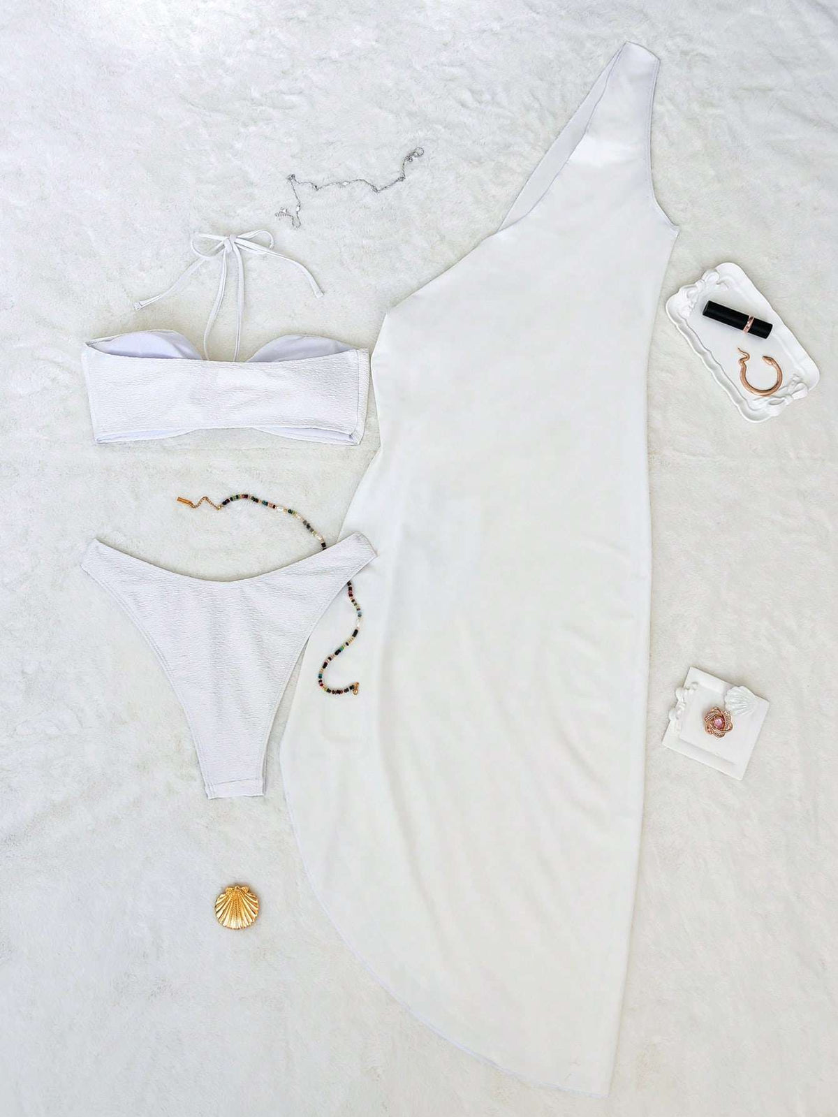 Conjunto 3 Peças Biquíni + Saída Branco com Argola – Doce Malícia