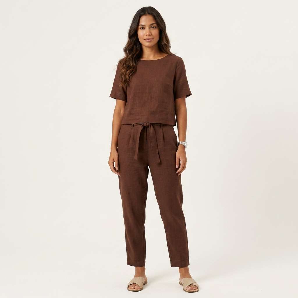 Conjunto Feminino Linho Manga Curta – Doce Malícia - Castanho