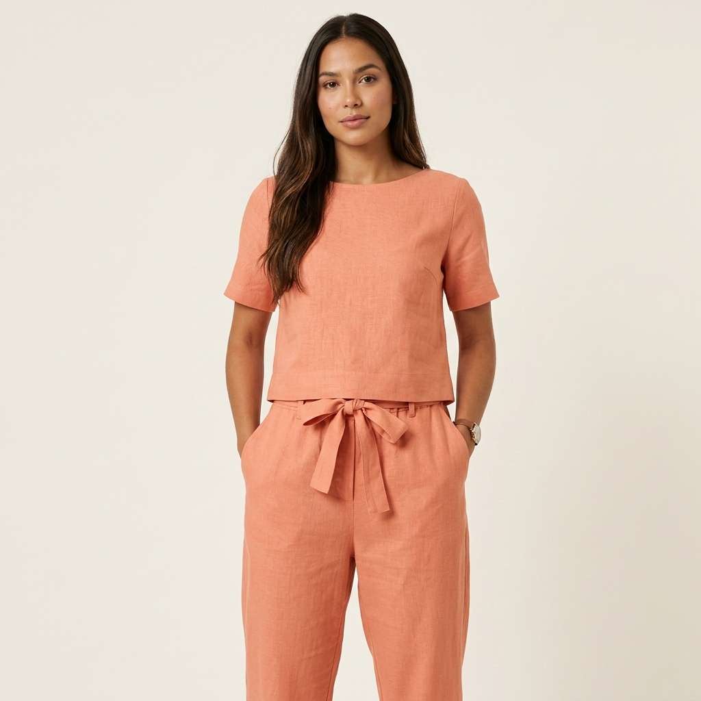 Conjunto Feminino Linho Manga Curta – Doce Malícia - Damasco