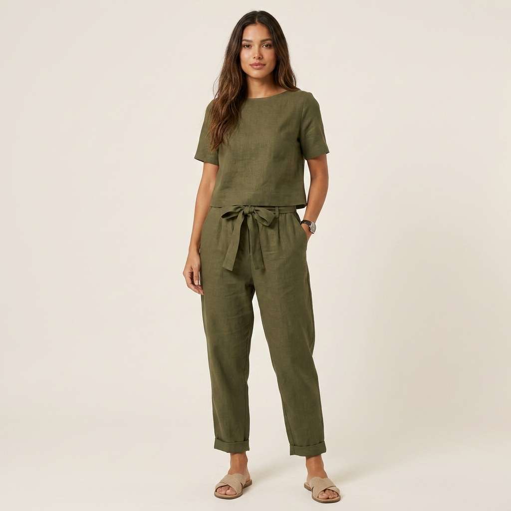 Conjunto Feminino Linho Manga Curta – Doce Malícia - Verde Militar