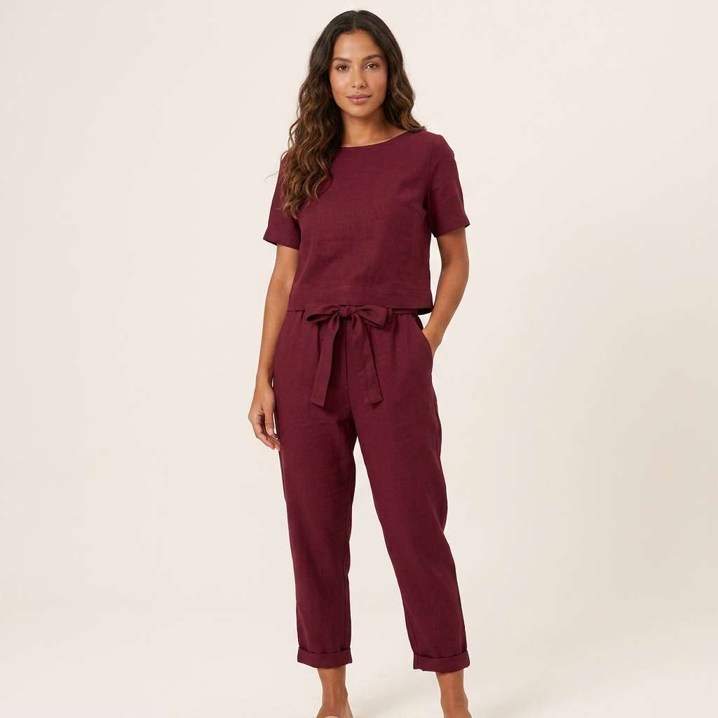 Conjunto Feminino Linho Manga Curta – Doce Malícia - Vinho