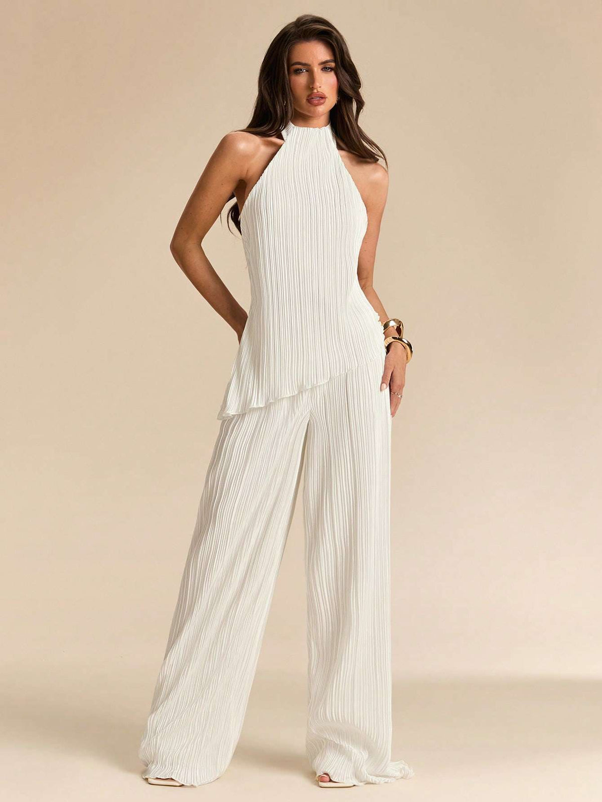 Conjunto Halter Plissado Calça Pantalona Off-White – Doce Malícia