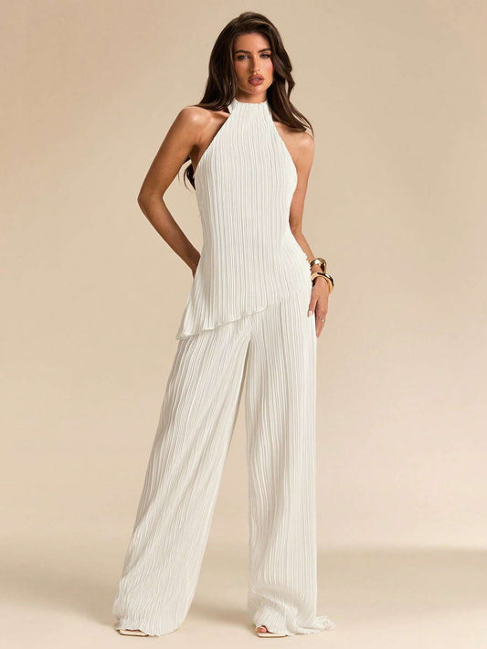 Conjunto Halter Plissado Calça Pantalona Off-White – Doce Malícia