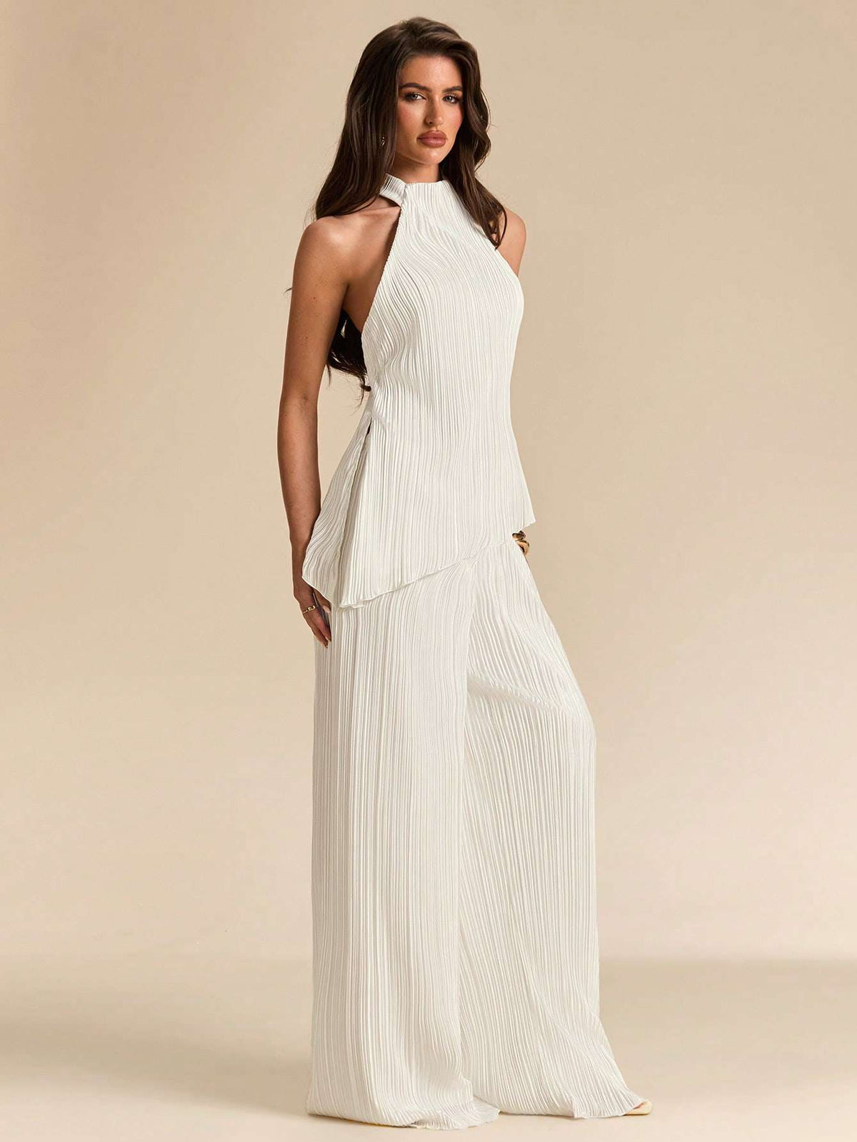 Conjunto Halter Plissado Calça Pantalona Off-White – Doce Malícia