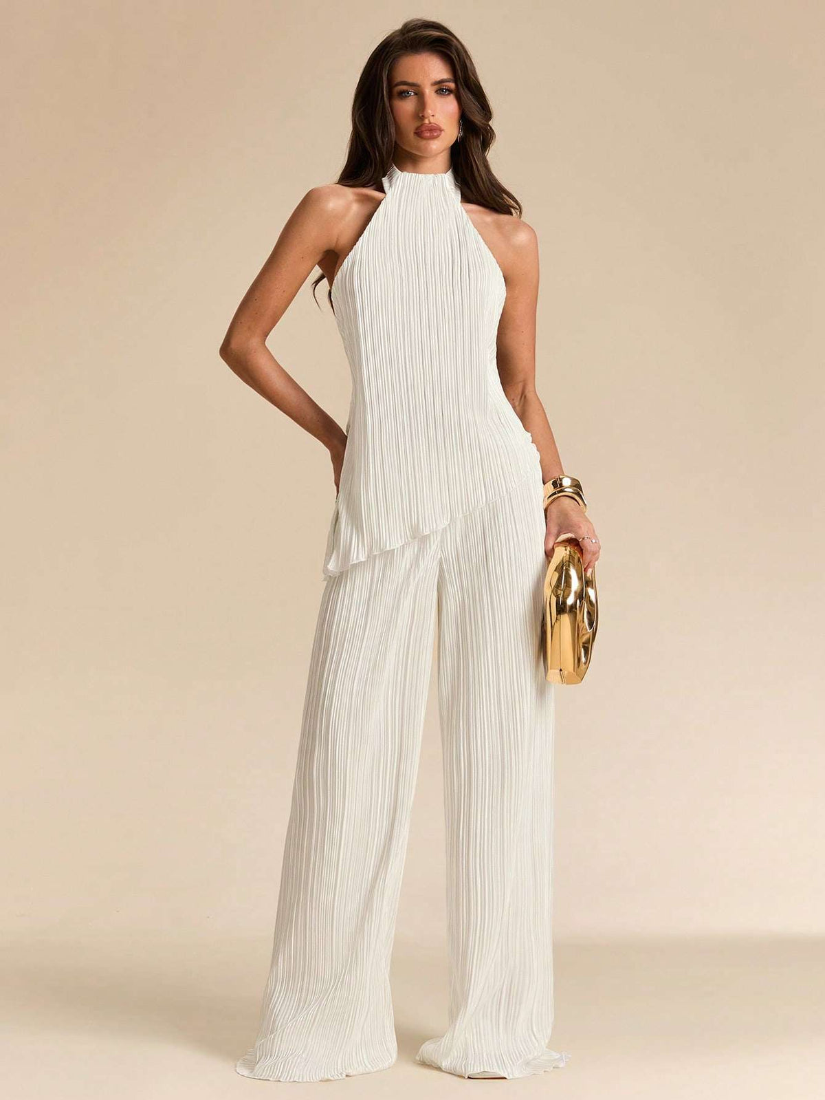 Conjunto Halter Plissado Calça Pantalona Off-White – Doce Malícia