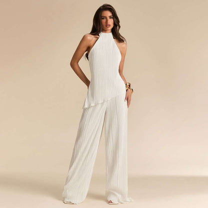 Conjunto Halter Plissado Calça Pantalona Off-White – Doce Malícia - Branco