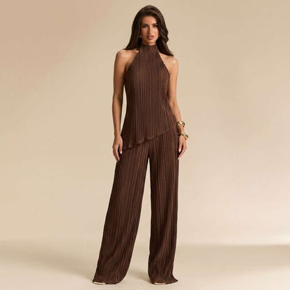 Conjunto Halter Plissado Calça Pantalona Off-White – Doce Malícia - Café
