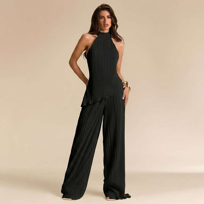 Conjunto Halter Plissado Calça Pantalona Off-White – Doce Malícia - Preto