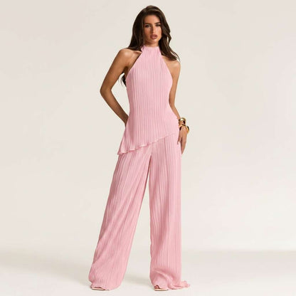Conjunto Halter Plissado Calça Pantalona Off-White – Doce Malícia - Rosa Bebê