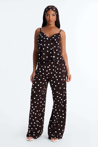 Conjunto Feminino Pantalona Cetim Poá Marrom – Doce Malícia