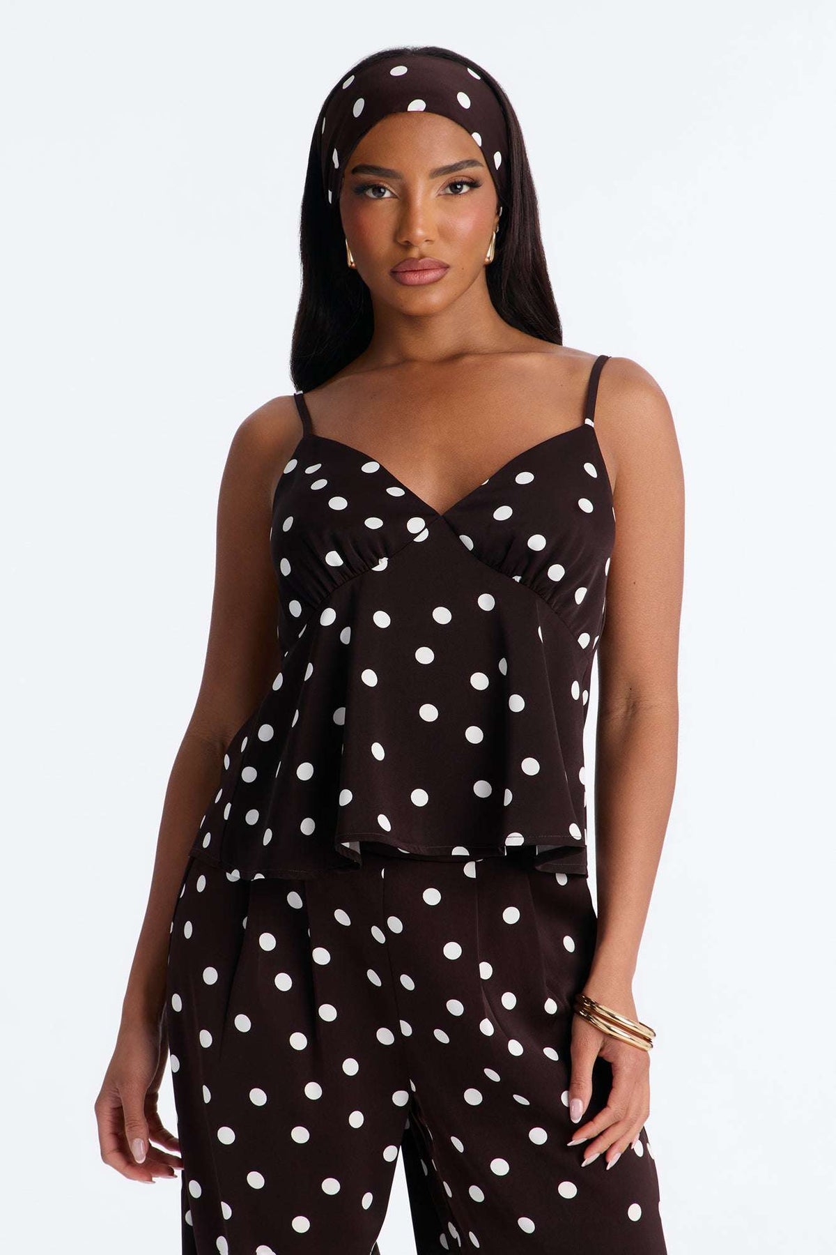 Conjunto Feminino Pantalona Cetim Poá Marrom – Doce Malícia
