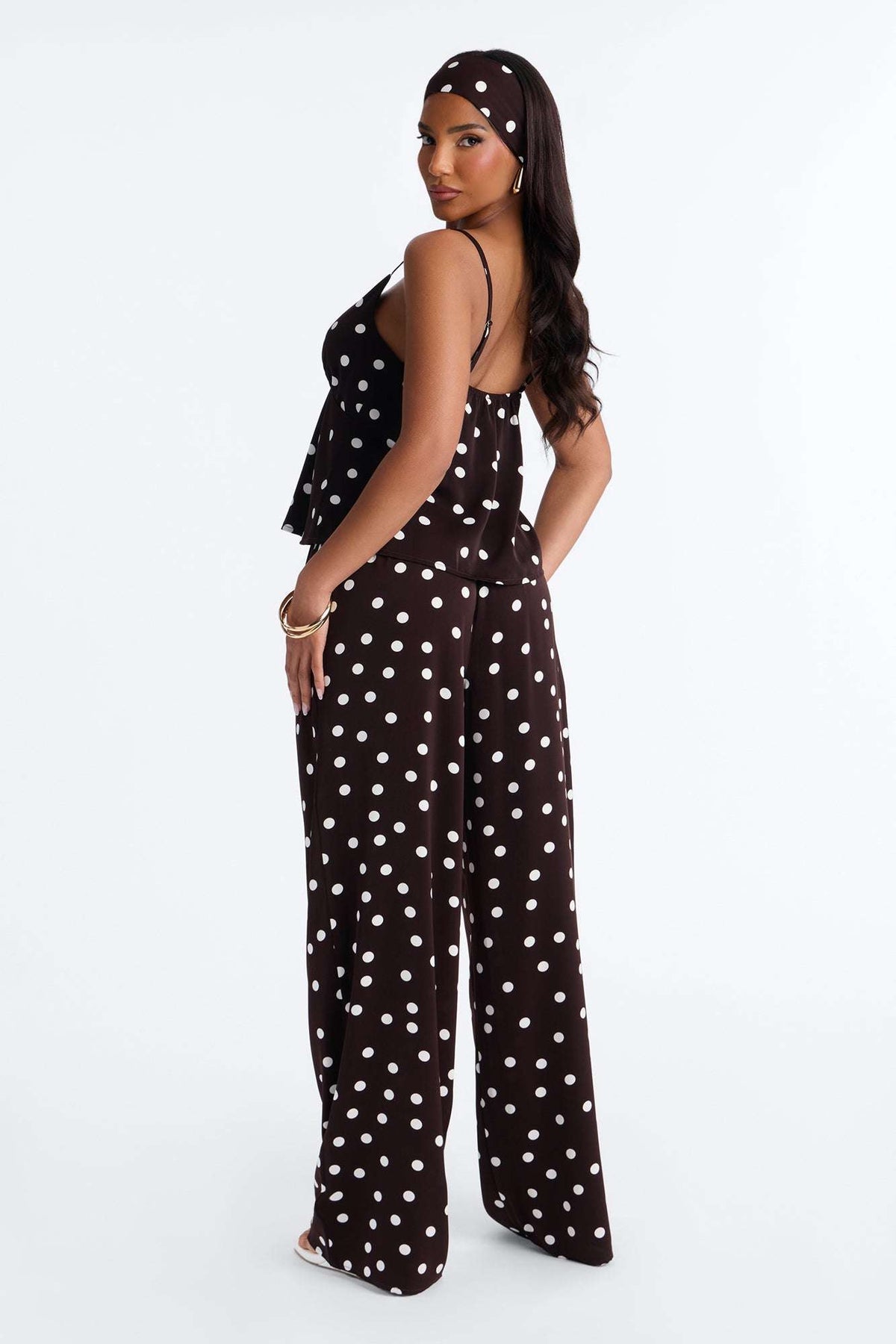 Conjunto Feminino Pantalona Cetim Poá Marrom – Doce Malícia