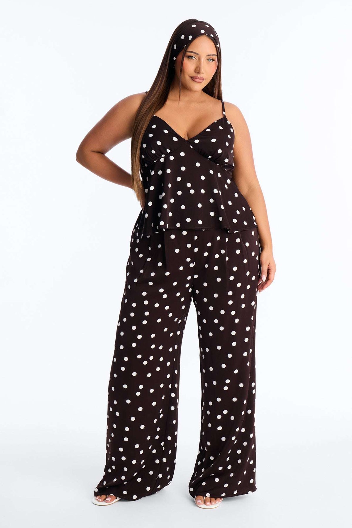 Conjunto Feminino Pantalona Cetim Poá Marrom – Doce Malícia