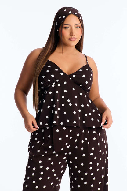 Conjunto Feminino Pantalona Cetim Poá Marrom – Doce Malícia