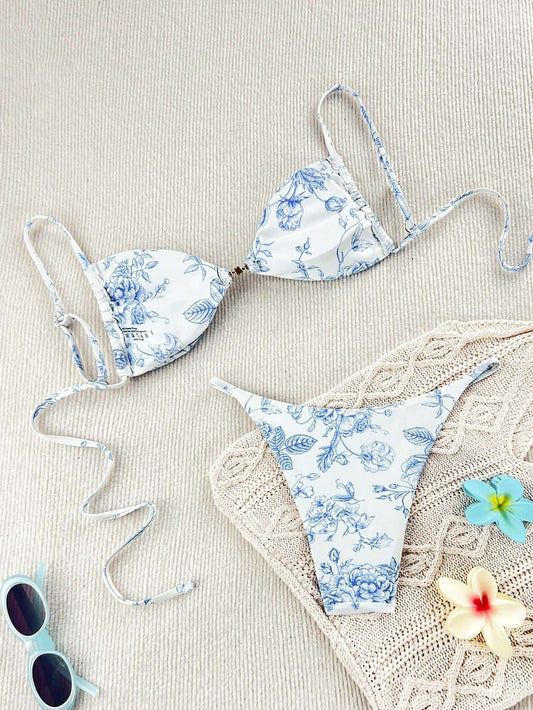 Biquíni Floral Azul com Detalhe Pérola – Doce Malícia