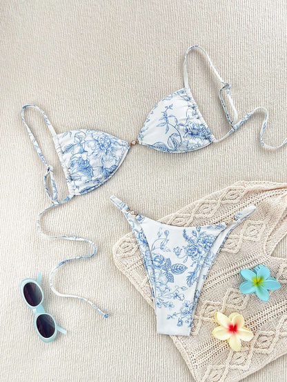 Biquíni Floral Azul com Detalhe Pérola – Doce Malícia