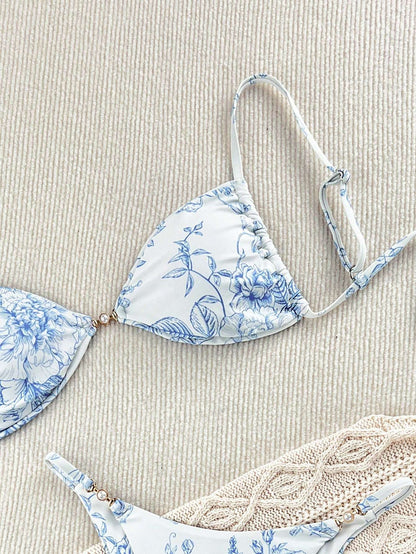 Biquíni Floral Azul com Detalhe Pérola – Doce Malícia