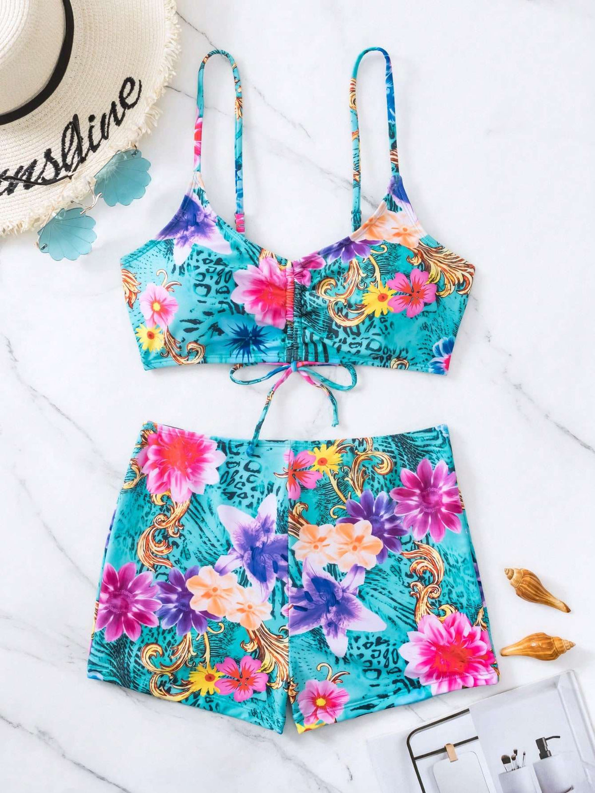 Conjunto Praia Top + Short Estampa Floral Turquesa – Doce Malícia