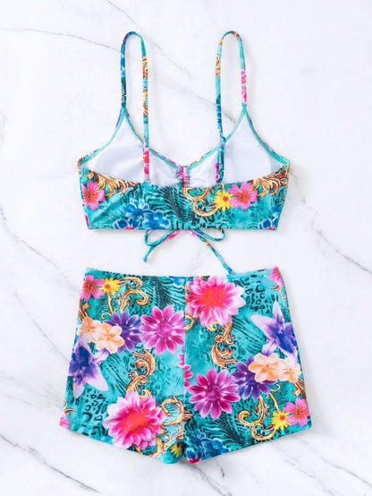 Conjunto Praia Top + Short Estampa Floral Turquesa – Doce Malícia
