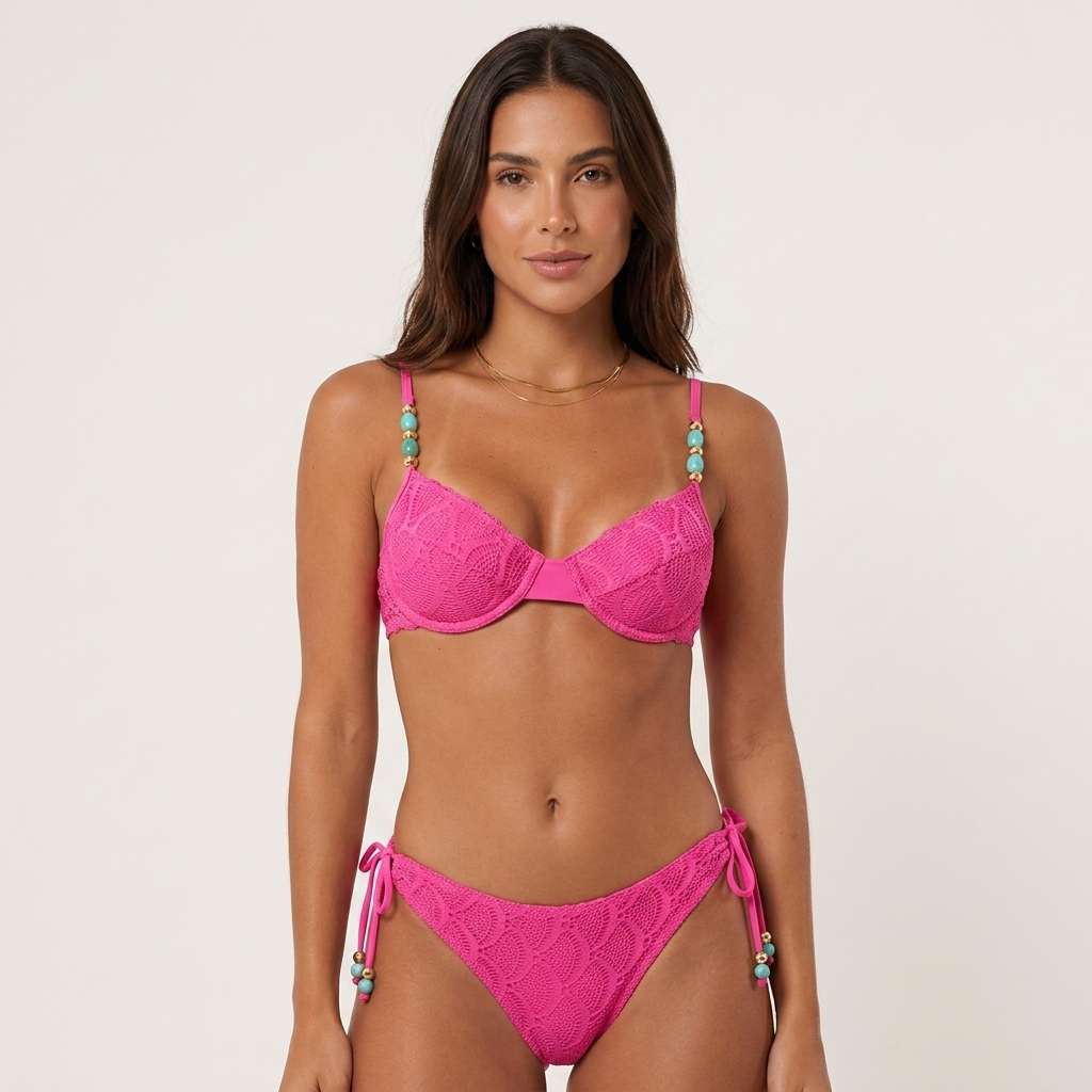 Biquíni Crochê Verde com Contas – Doce Malícia - Rosa chiclete