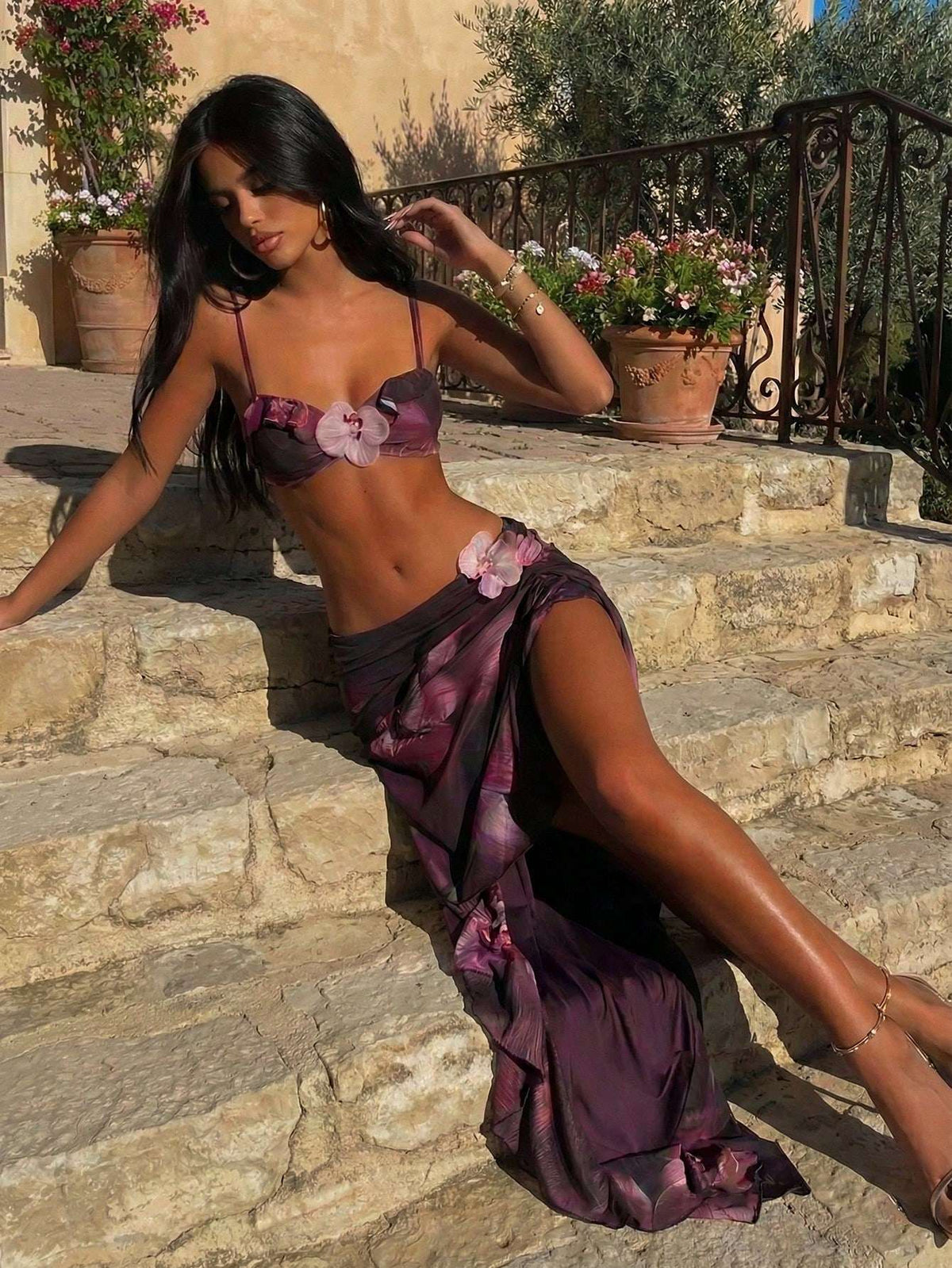 Biquíni 3 Peças Floral Roxo com Saída de Praia – Doce Malícia