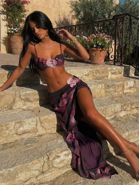 Biquíni 3 Peças Floral Roxo com Saída de Praia – Doce Malícia
